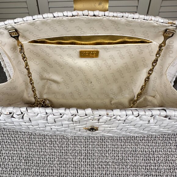 Vintage RODO Italy White Glazed Wicker Woven Evening Bag Clutch Leather Lined - Picture 7 of 8